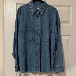 ASKK NY Women’s Denim Button-Up Shirt in Medium Blue with Raw Hem Size 4/XL